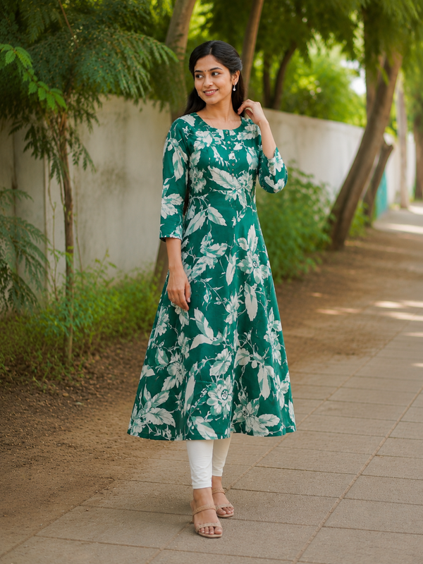 Emerald Green Floral A-Line Kurti styled look