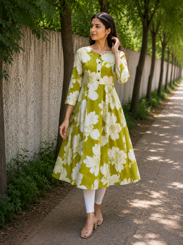 Olive Green Block-Print Floral A-Line Kurti front view