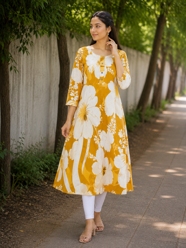 Golden Mustard Floral Print Cotton Kurti front view