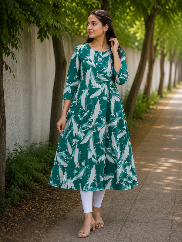 Teal Green Abstract Leaf Print Cotton Kurti front view
