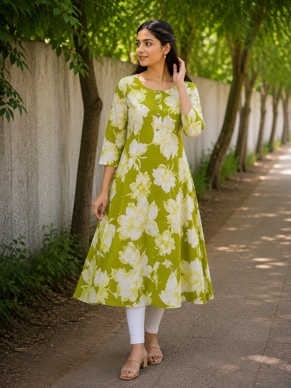 Olive Mehendi Green Floral Print A-Line Kurti front view
