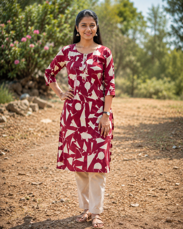 Maroon Geometric Print Straight Cotton Kurti flat lay