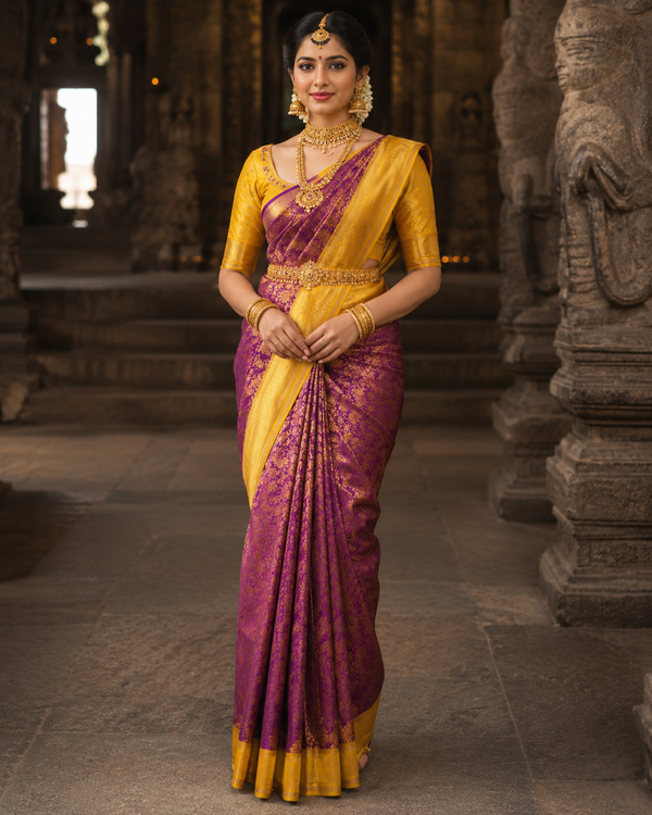 Magenta Kanjivaram silk saree with mustard-yellow border and gold zari, draped on model — Magenta Kanjivaram Silk Saree, Vasthara Boutique