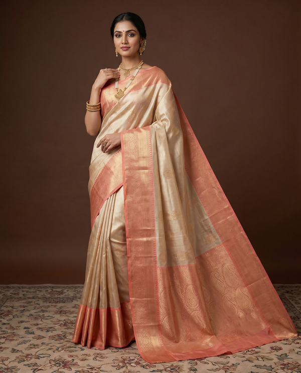 Pista Green Kanjivaram Silk Saree - Model wearing full drape with gold temple jewellery