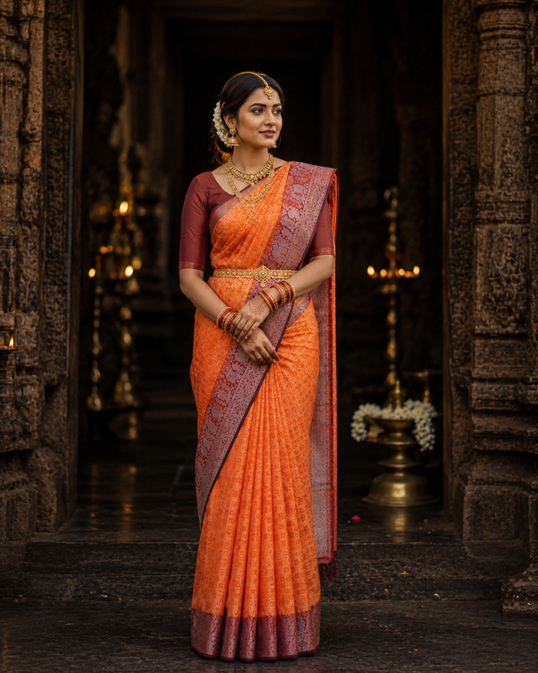 Orange Kanjivaram silk saree with maroon border and gold zari, draped on model — Orange Kanjivaram Silk Saree, Vasthara Boutique