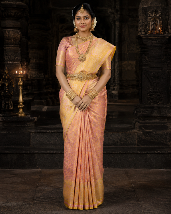 Peach Kanjivaram silk saree with gold zari border, draped on model — Peach Gold Kanjivaram Silk Saree, Vasthara Boutique
