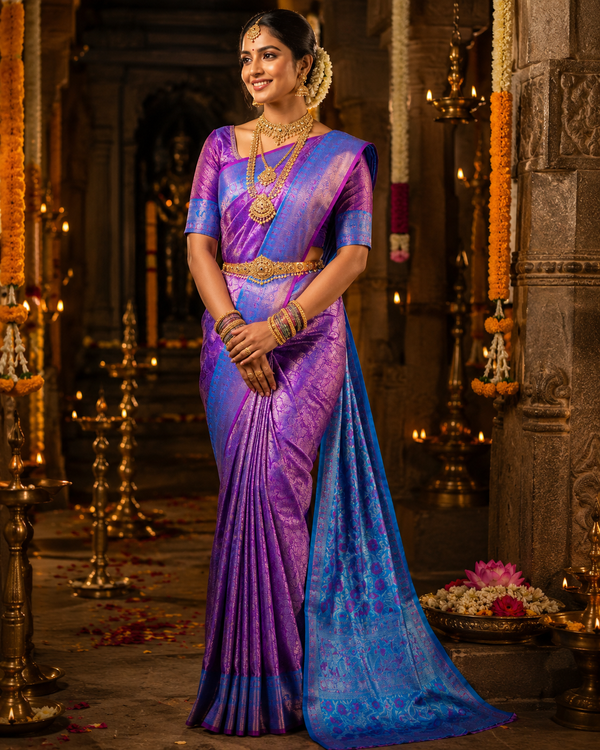 Purple Kanjivaram silk saree with peacock-blue border and gold zari, draped on model — Purple Kanjivaram Silk Saree, Vasthara Boutique