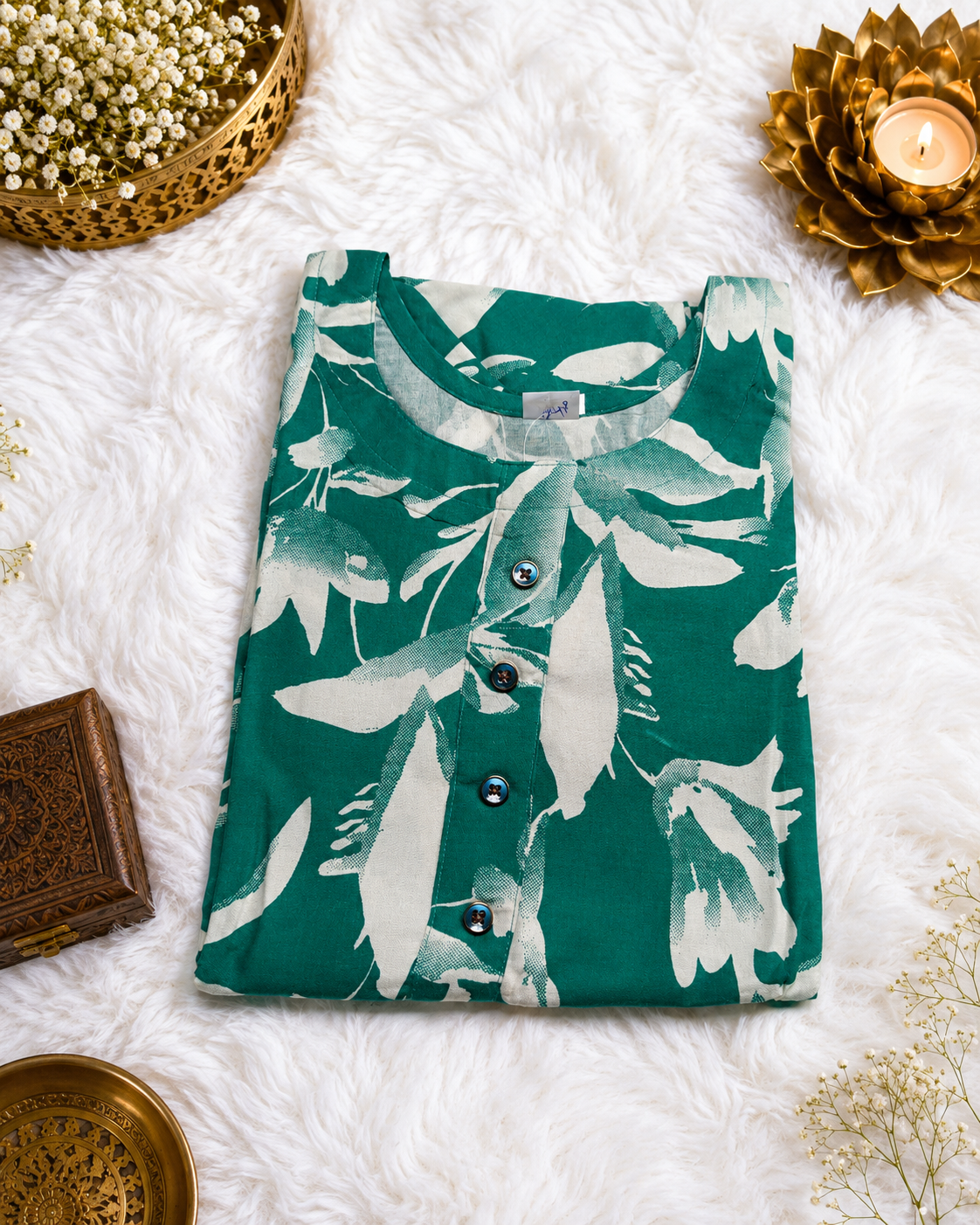 Teal Green Abstract Leaf Print Cotton Kurti styled look