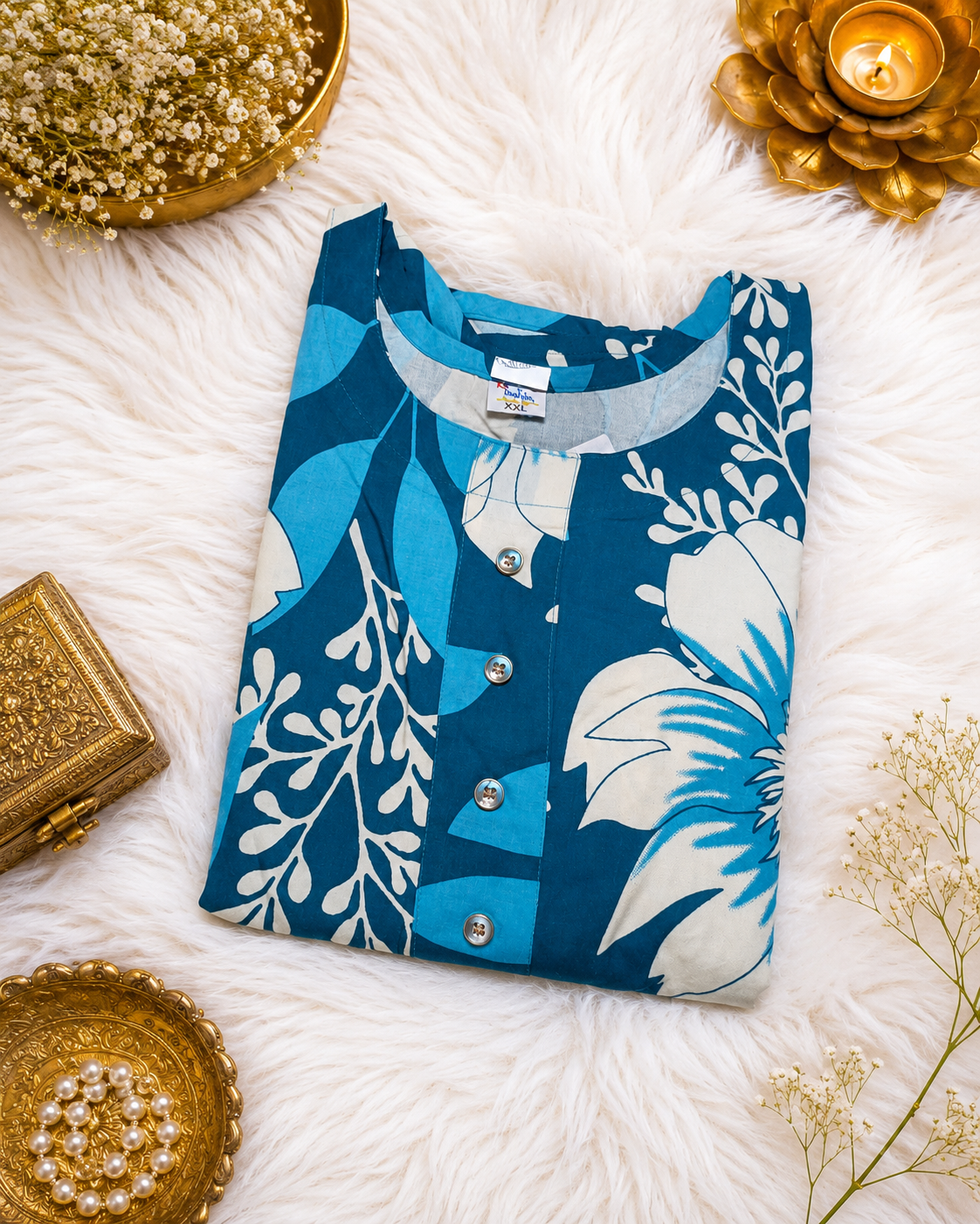 Teal Tropical Floral Print Cotton A-Line Kurti front view