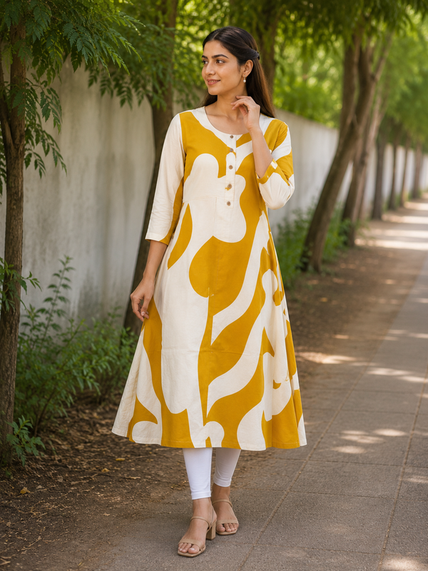 Off-White Mustard Abstract Print A-Line Kurti front view