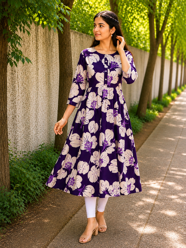 Aubergine Purple Floral Print A-Line Kurti front view