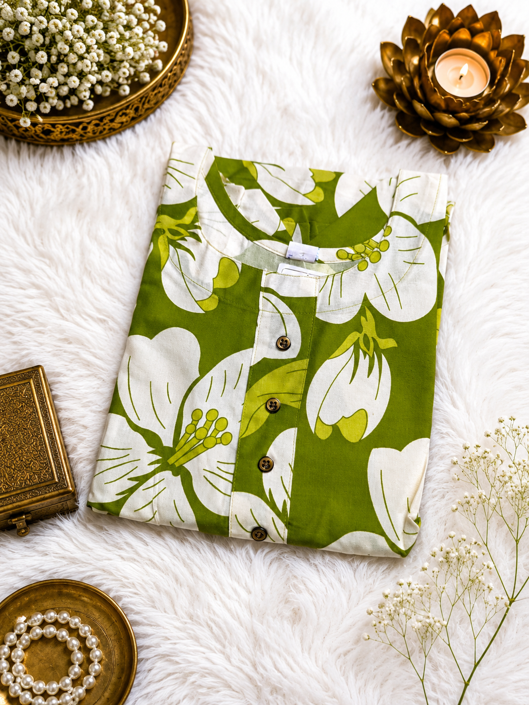 Moss Green Floral Print Fit-and-Flare Kurti styled look