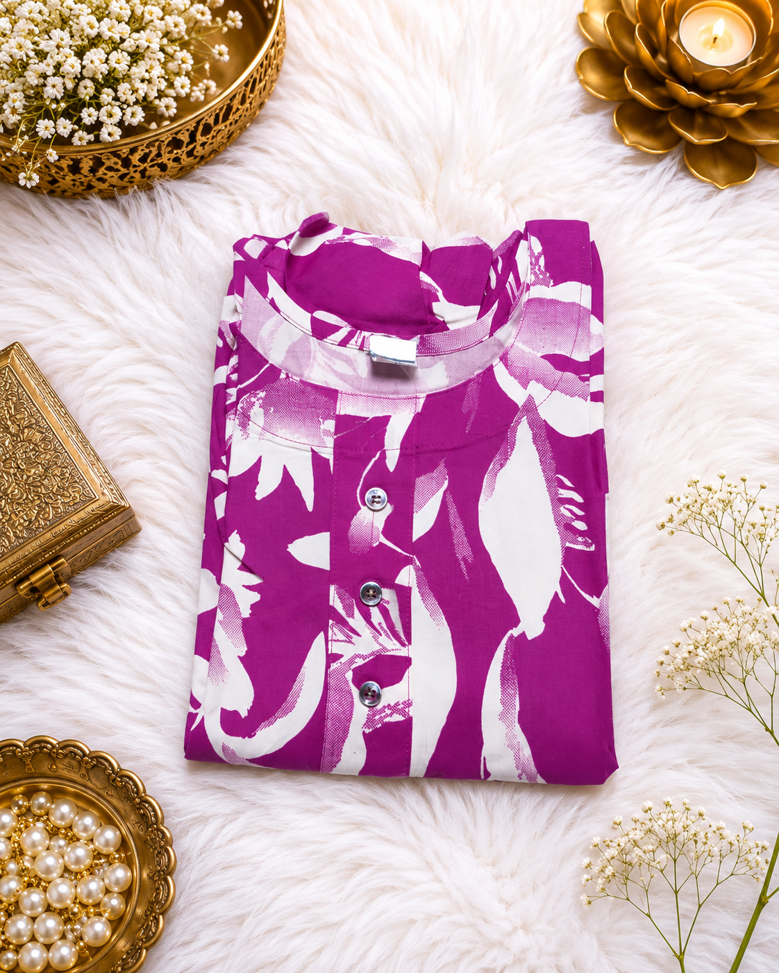 Rani Pink Floral Print A-Line Cotton Kurti styled look