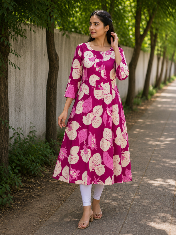 Magenta Pink Tropical Floral A-Line Kurti front view