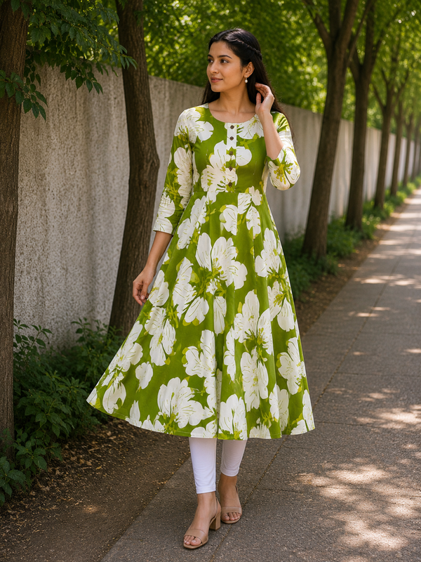 Moss Green Floral Print Fit-and-Flare Kurti front view