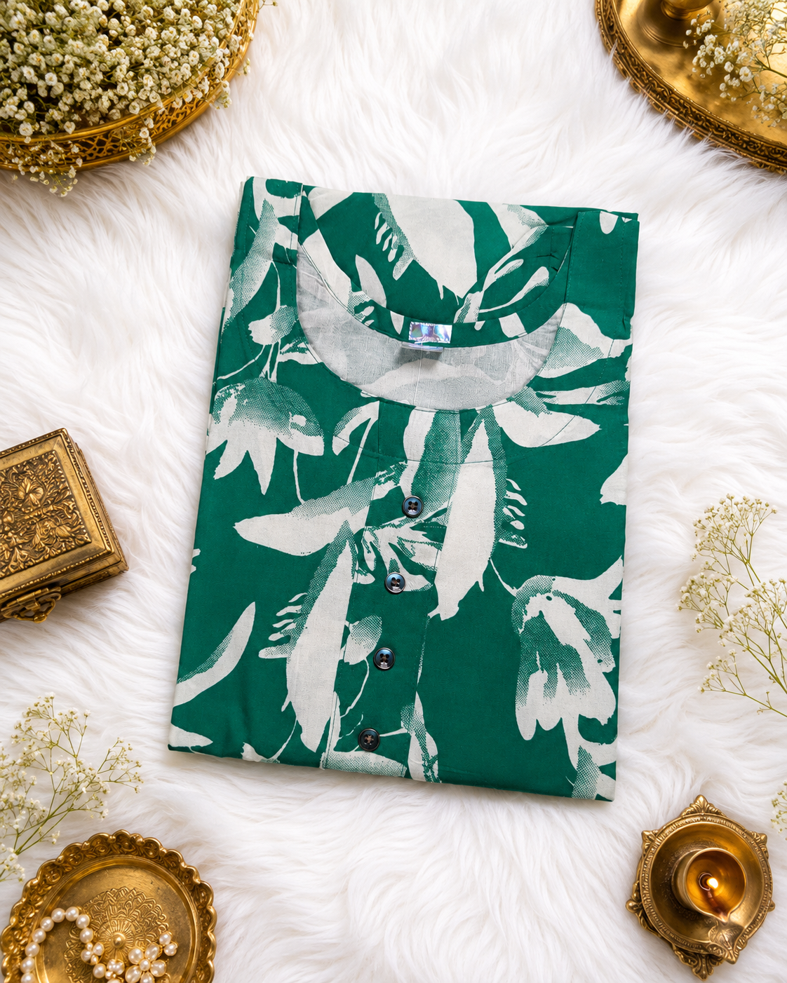 Emerald Green Floral A-Line Kurti front view