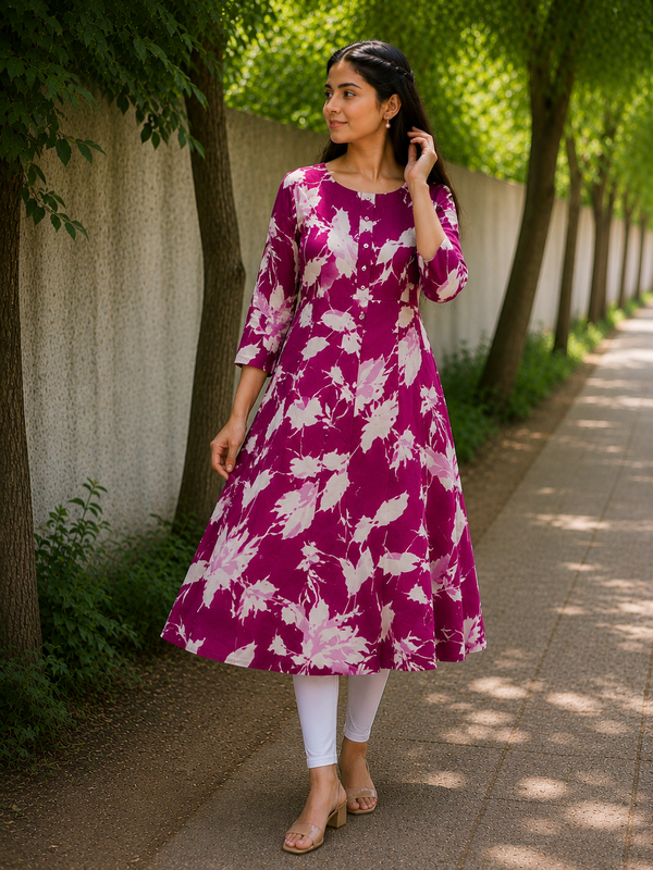 Berry Magenta Watercolor Leaf Print Kurti front view