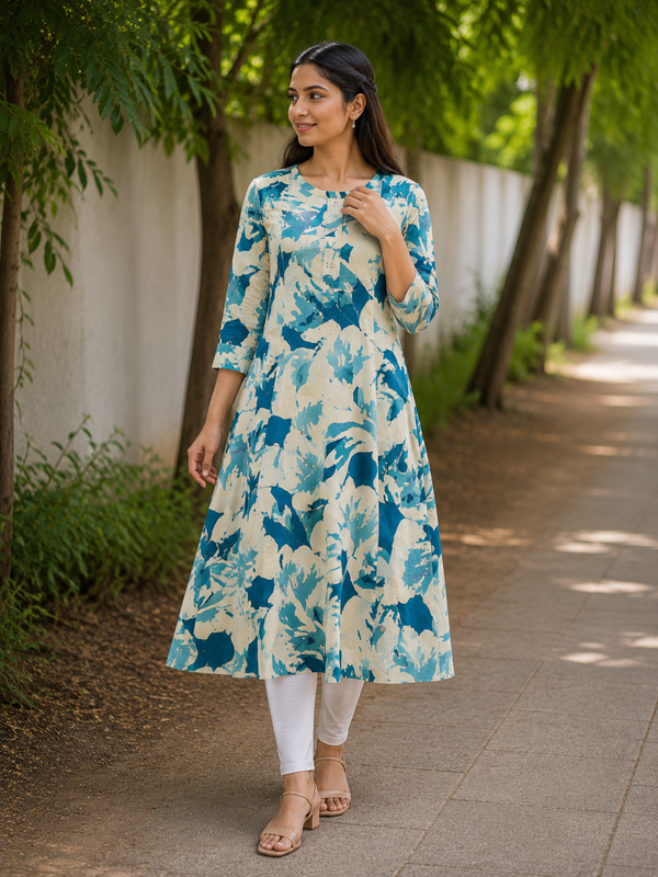 Ivory Teal Abstract Print Cotton A-Line Kurti front view