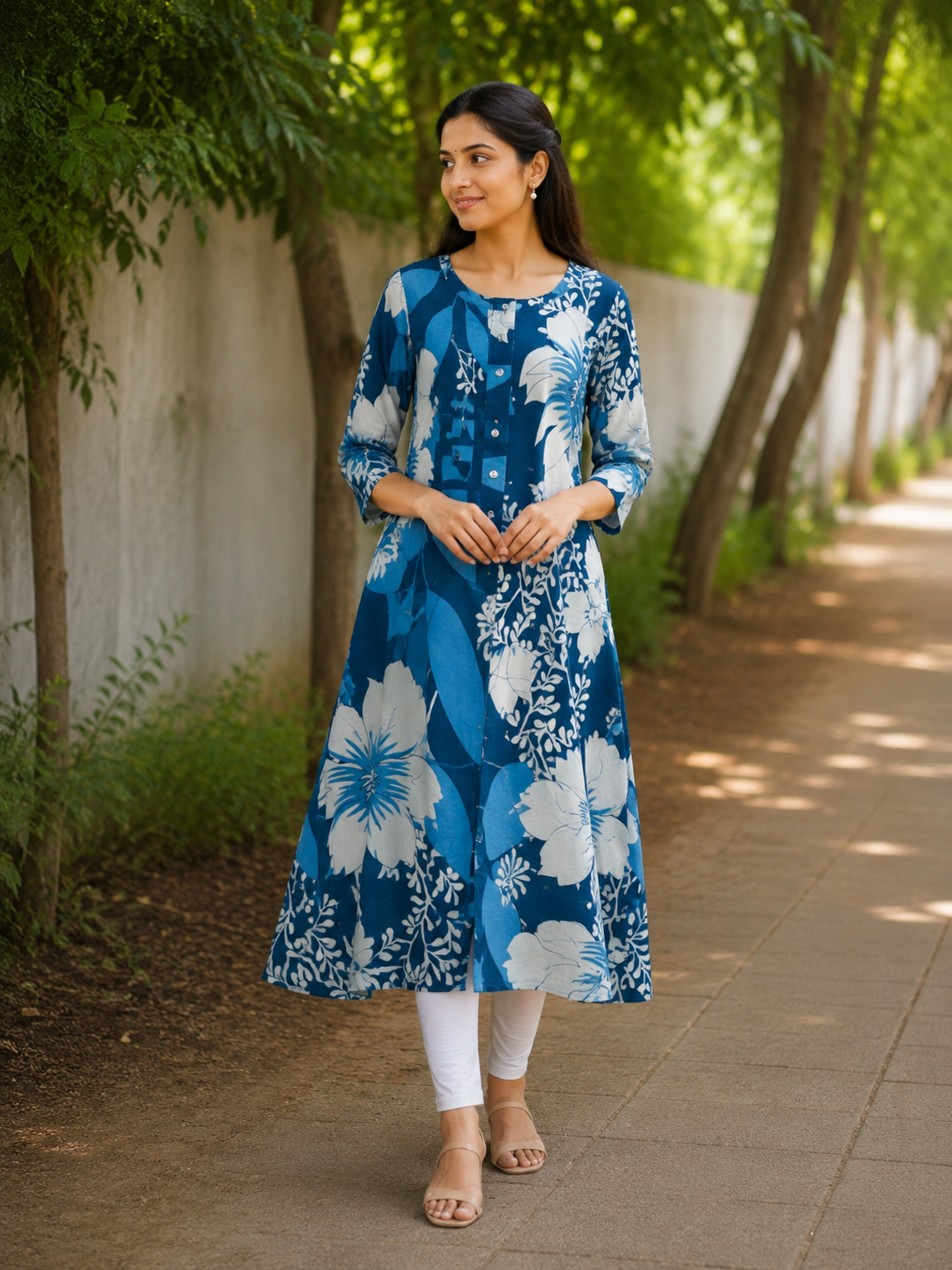 Teal Tropical Floral Print Cotton A-Line Kurti styled look