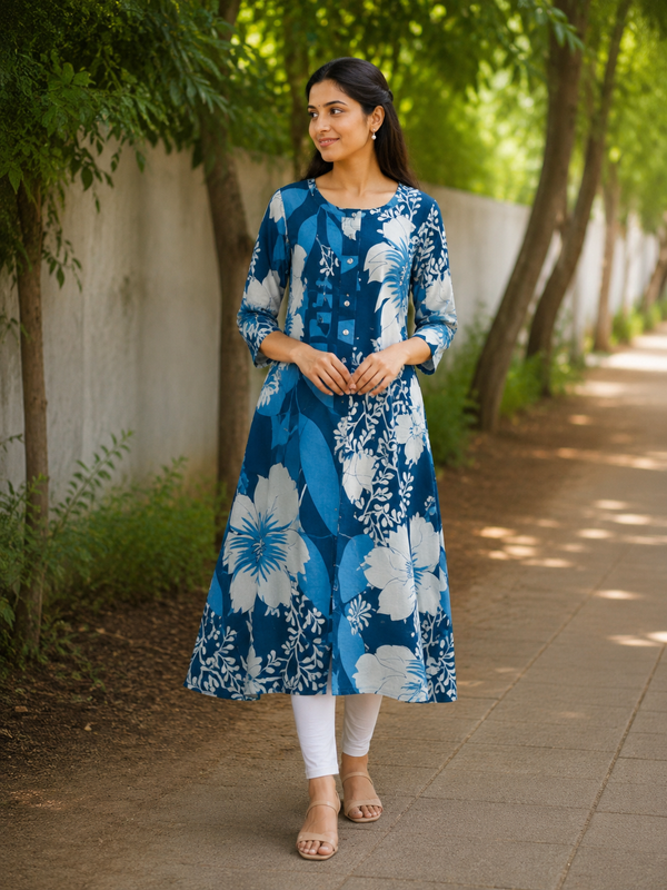 Teal Tropical Floral Print Cotton A-Line Kurti styled look