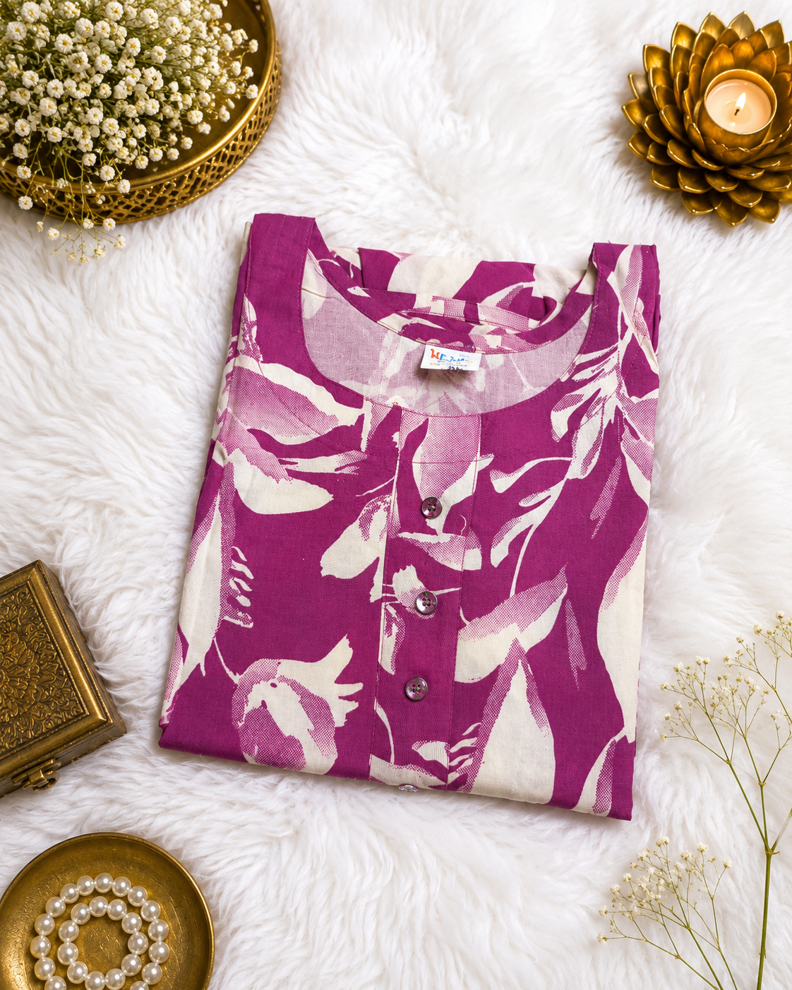 Berry Magenta Watercolor Leaf Print Kurti styled look