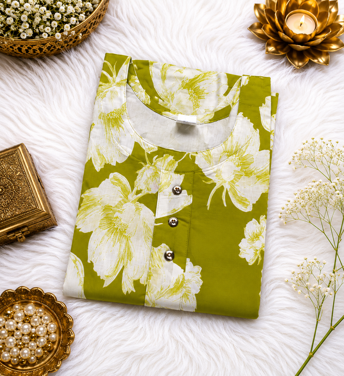 Olive Mehendi Green Floral Print A-Line Kurti styled look