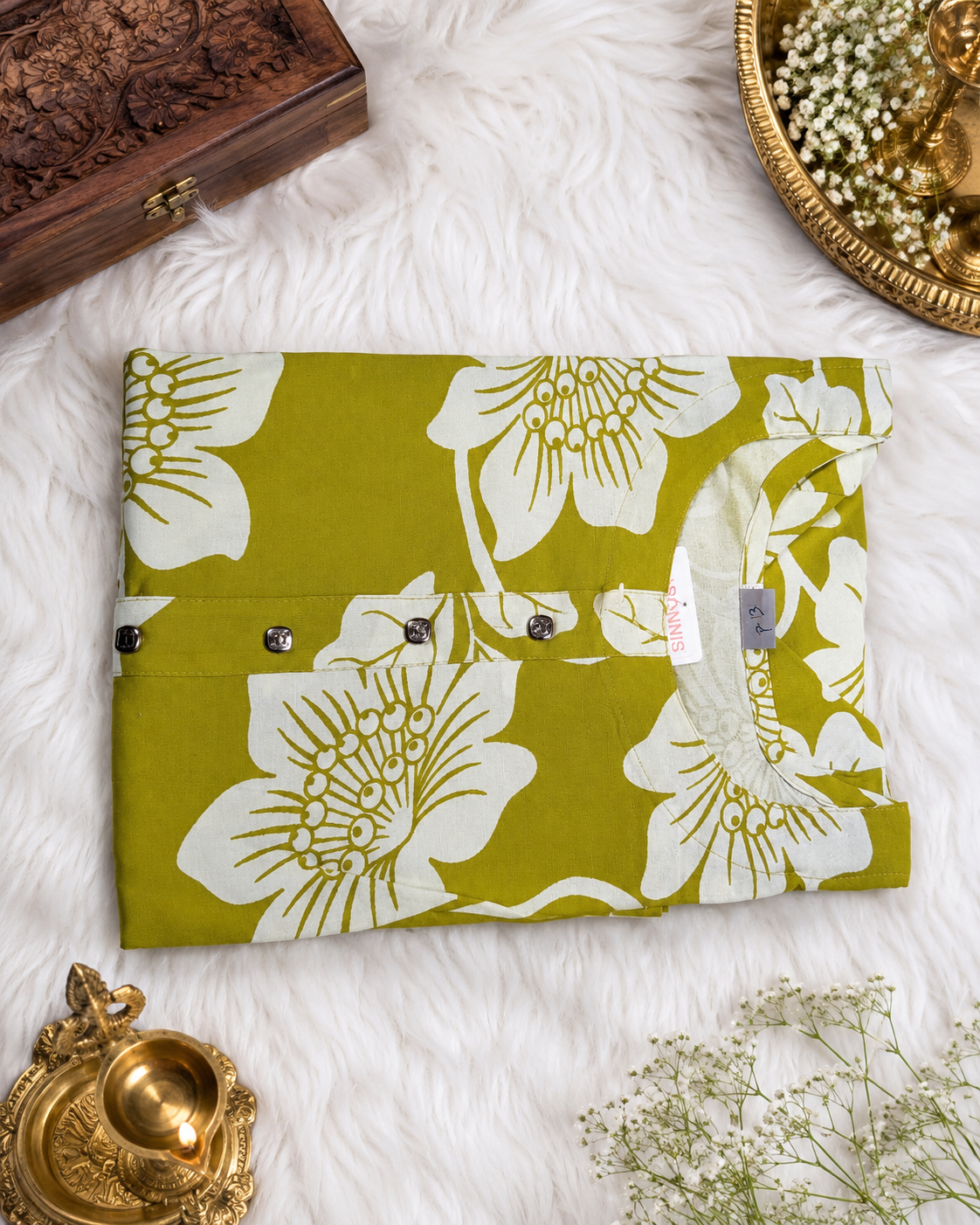 Olive Green Block-Print Floral A-Line Kurti styled look