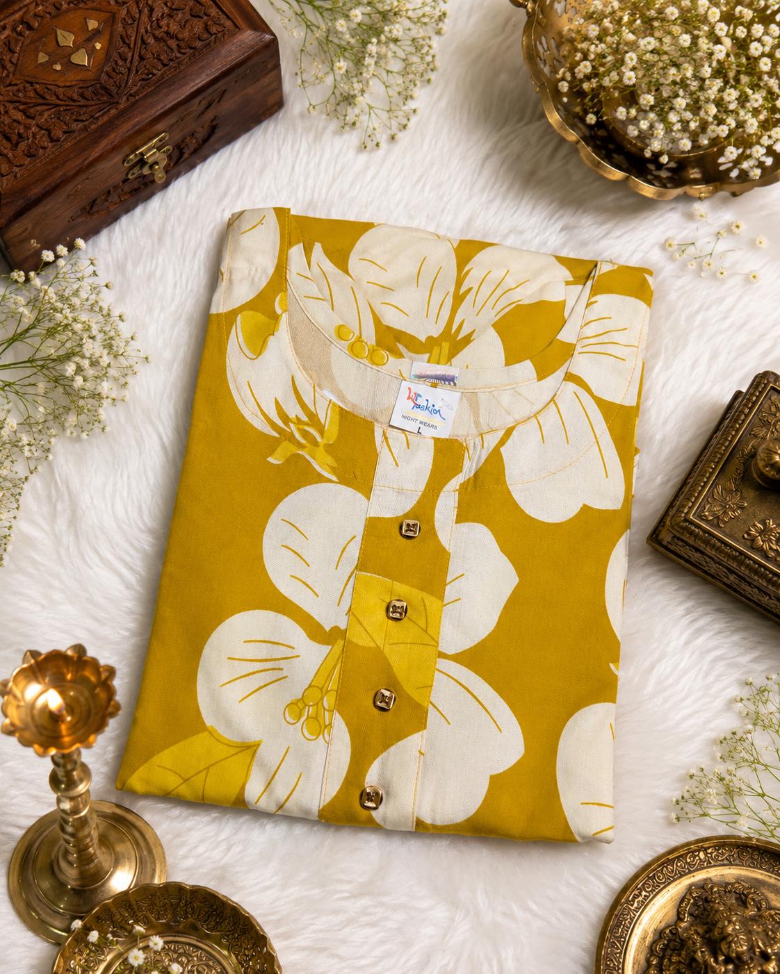 Mustard Yellow Bold Floral Print A-Line Kurti styled look