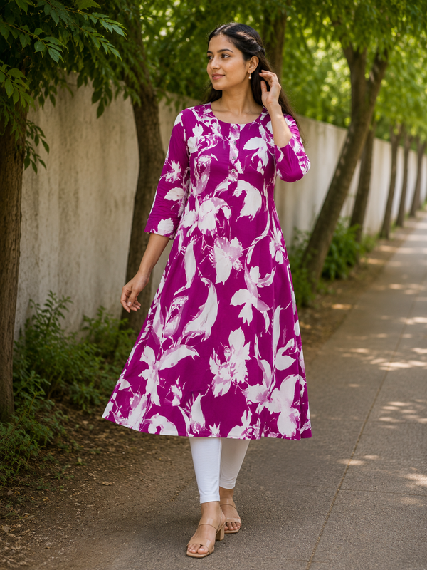 Rani Pink Floral Print A-Line Cotton Kurti front view