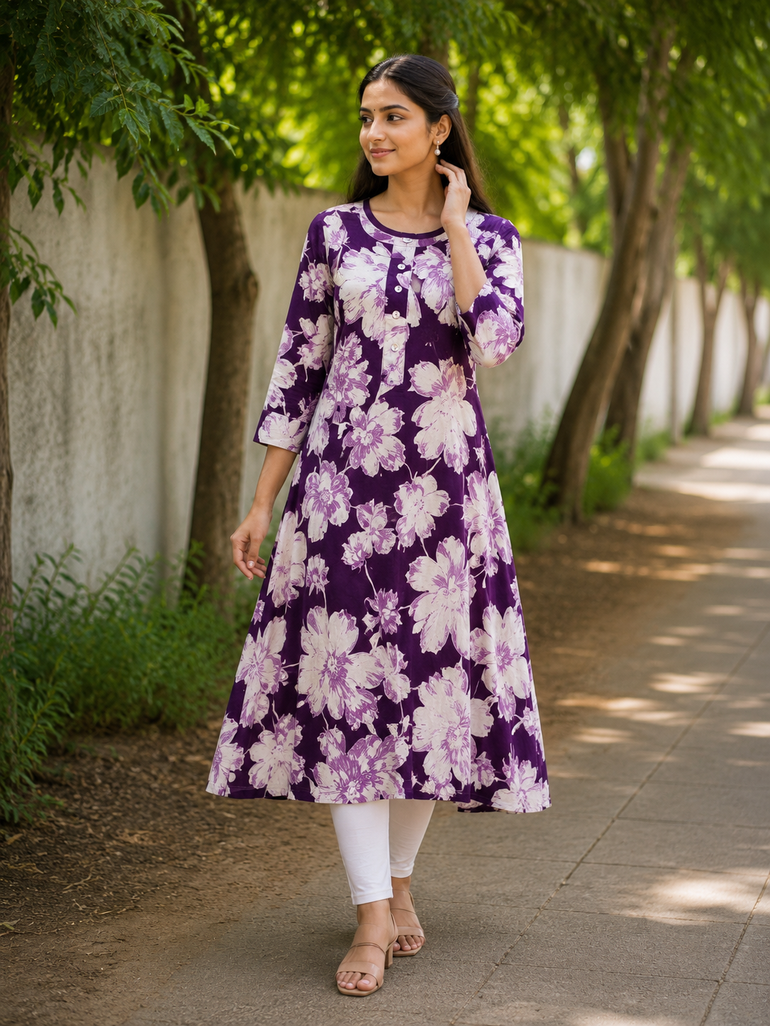 Wine Purple Watercolor Floral Cotton Kurti front view