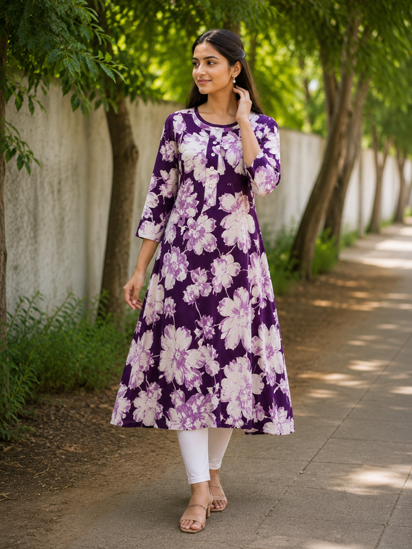 Wine Purple Watercolor Floral Cotton Kurti front view