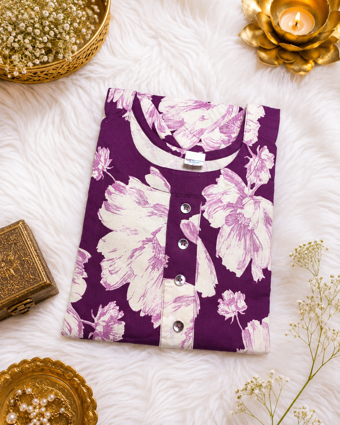 Wine Purple Watercolor Floral Cotton Kurti styled look