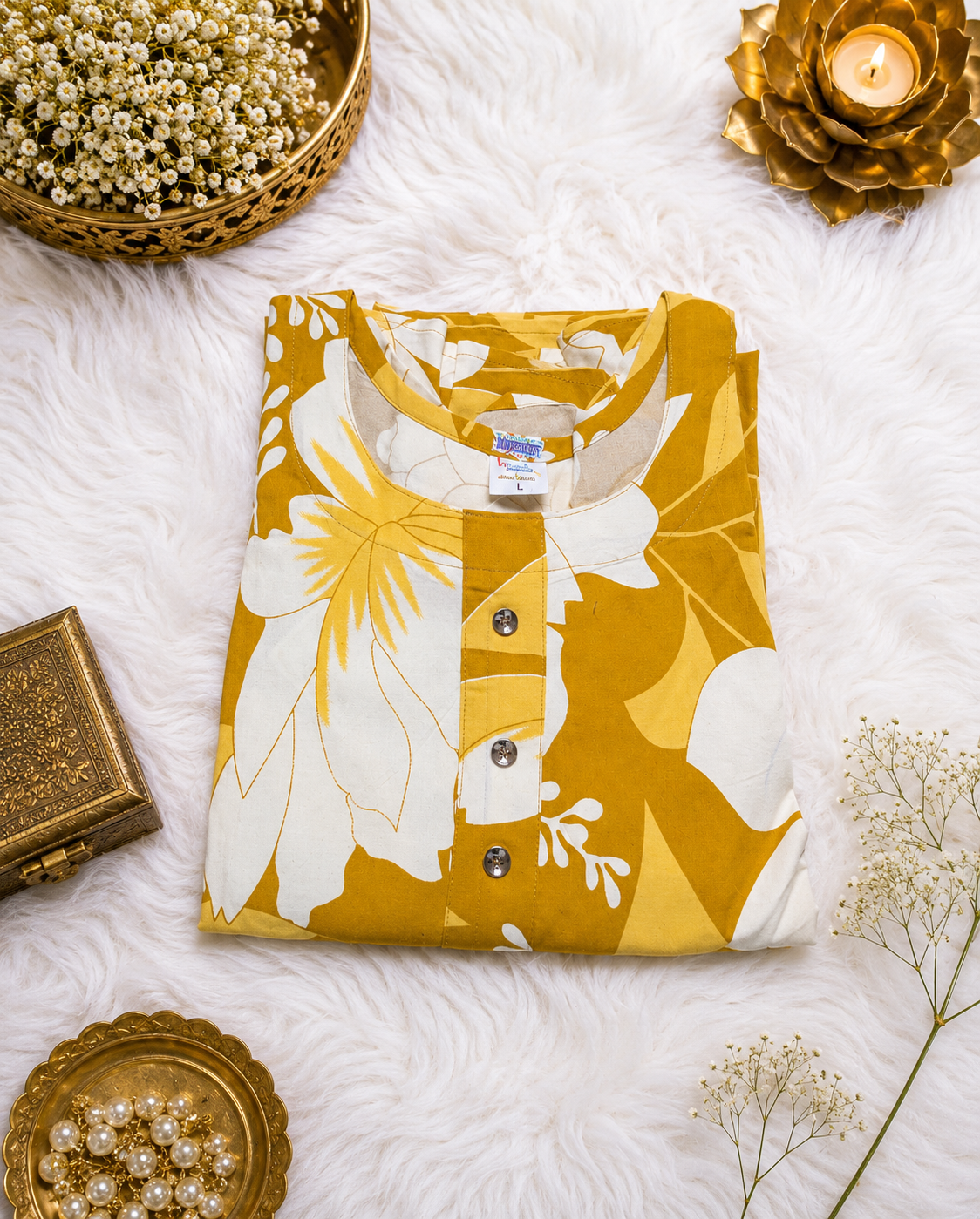 Golden Mustard Floral Print Cotton Kurti styled look
