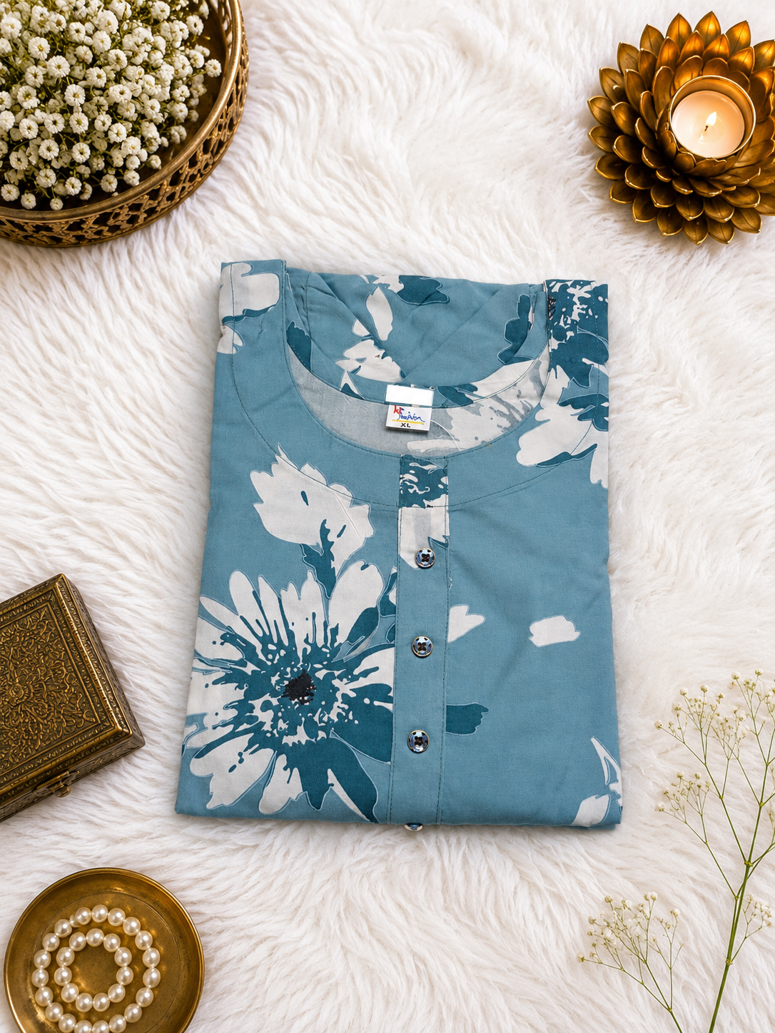 Dusty Blue Floral Print Cotton A-Line Kurti styled look
