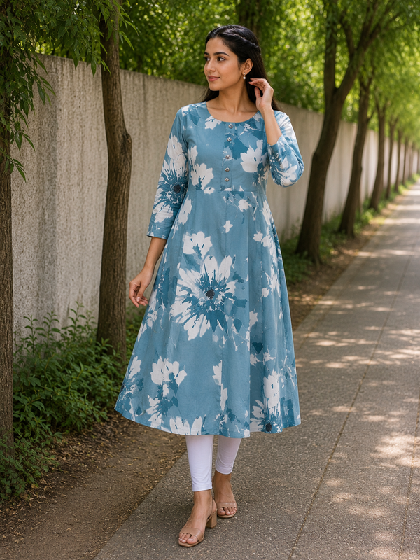 Dusty Blue Floral Print Cotton A-Line Kurti front view