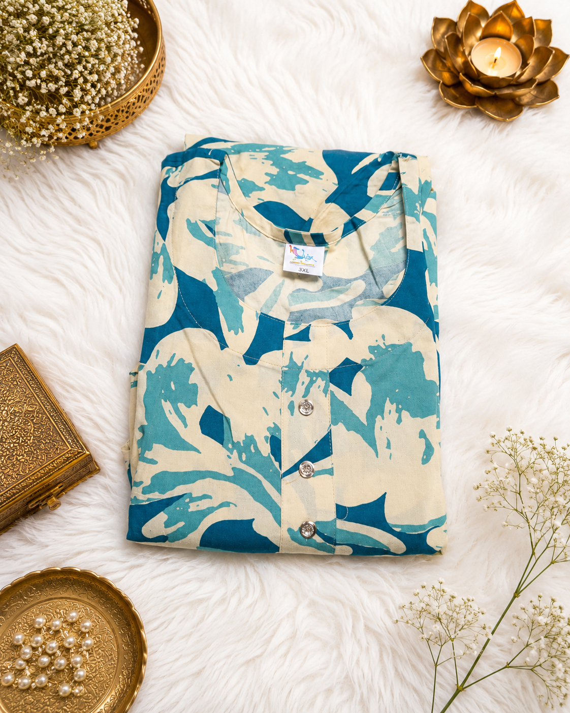 Ivory Teal Abstract Print Cotton A-Line Kurti styled look