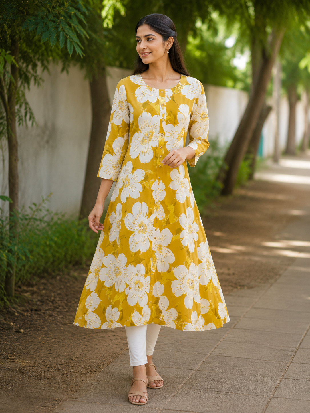 Mustard Yellow Bold Floral Print A-Line Kurti front view