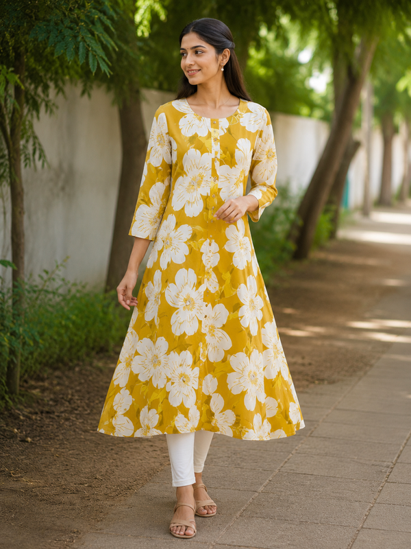 Mustard Yellow Bold Floral Print A-Line Kurti front view