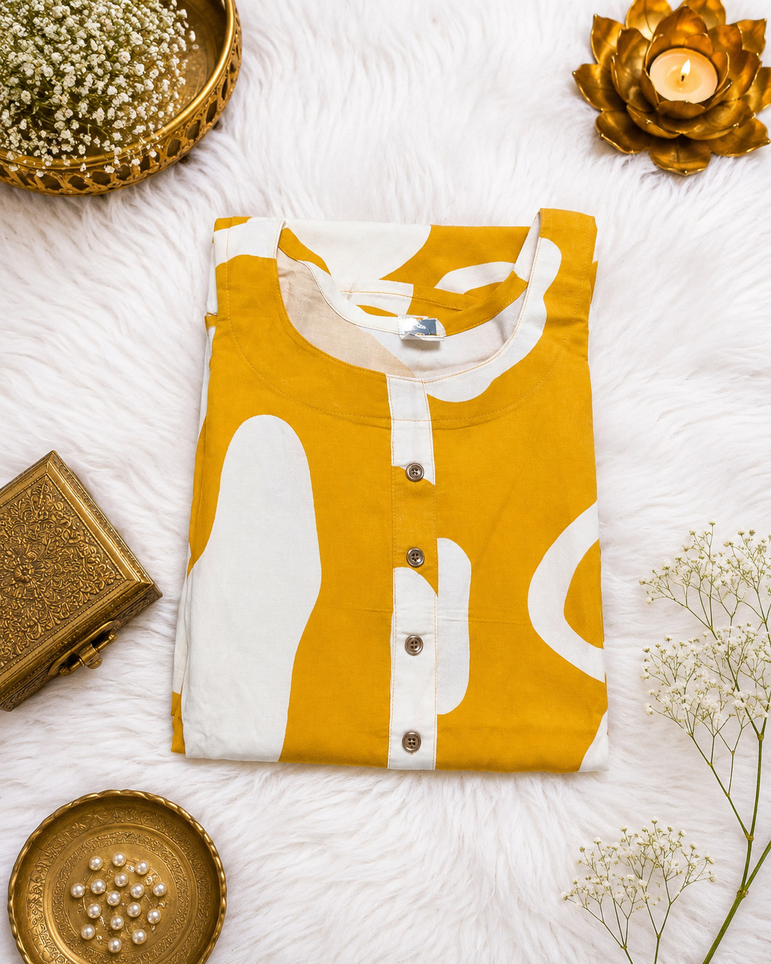 Off-White Mustard Abstract Print A-Line Kurti styled look
