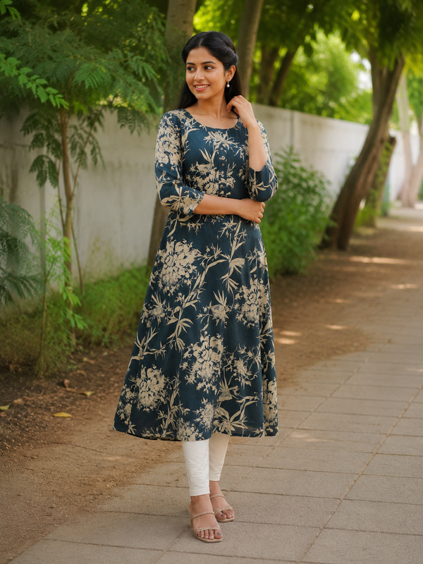 Teal Floral Print Rayon Kurti