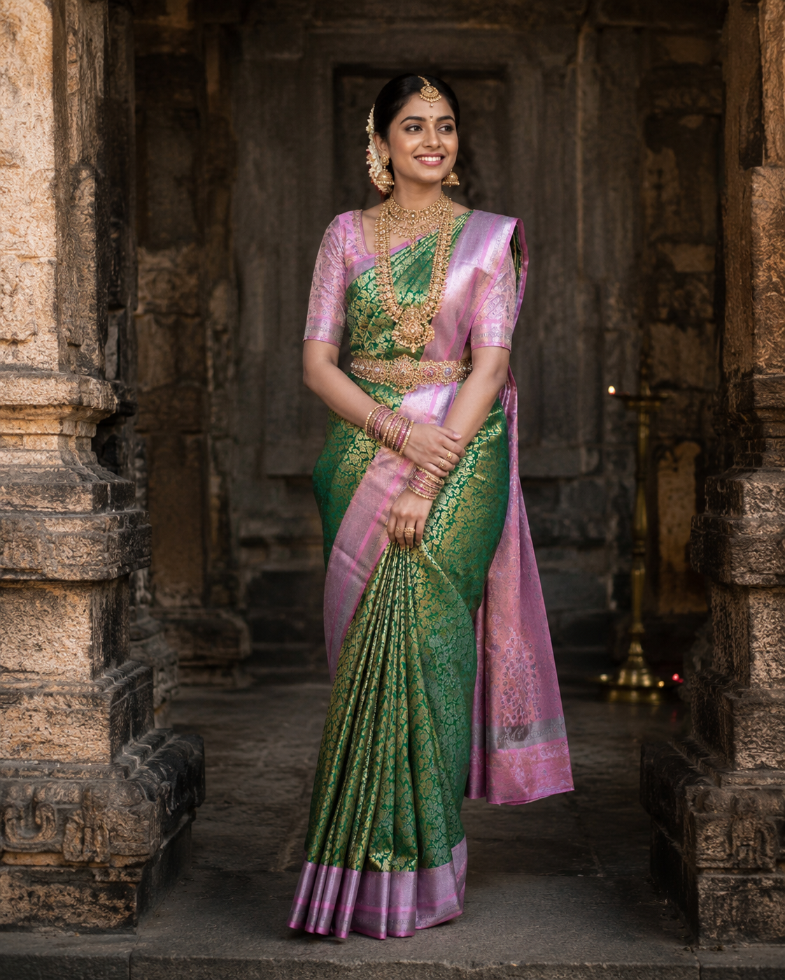 Bottle green Kanjivaram silk saree with lavender border and gold zari, draped on model — Bottle Green Kanjivaram Silk Saree, Vasthara Boutique