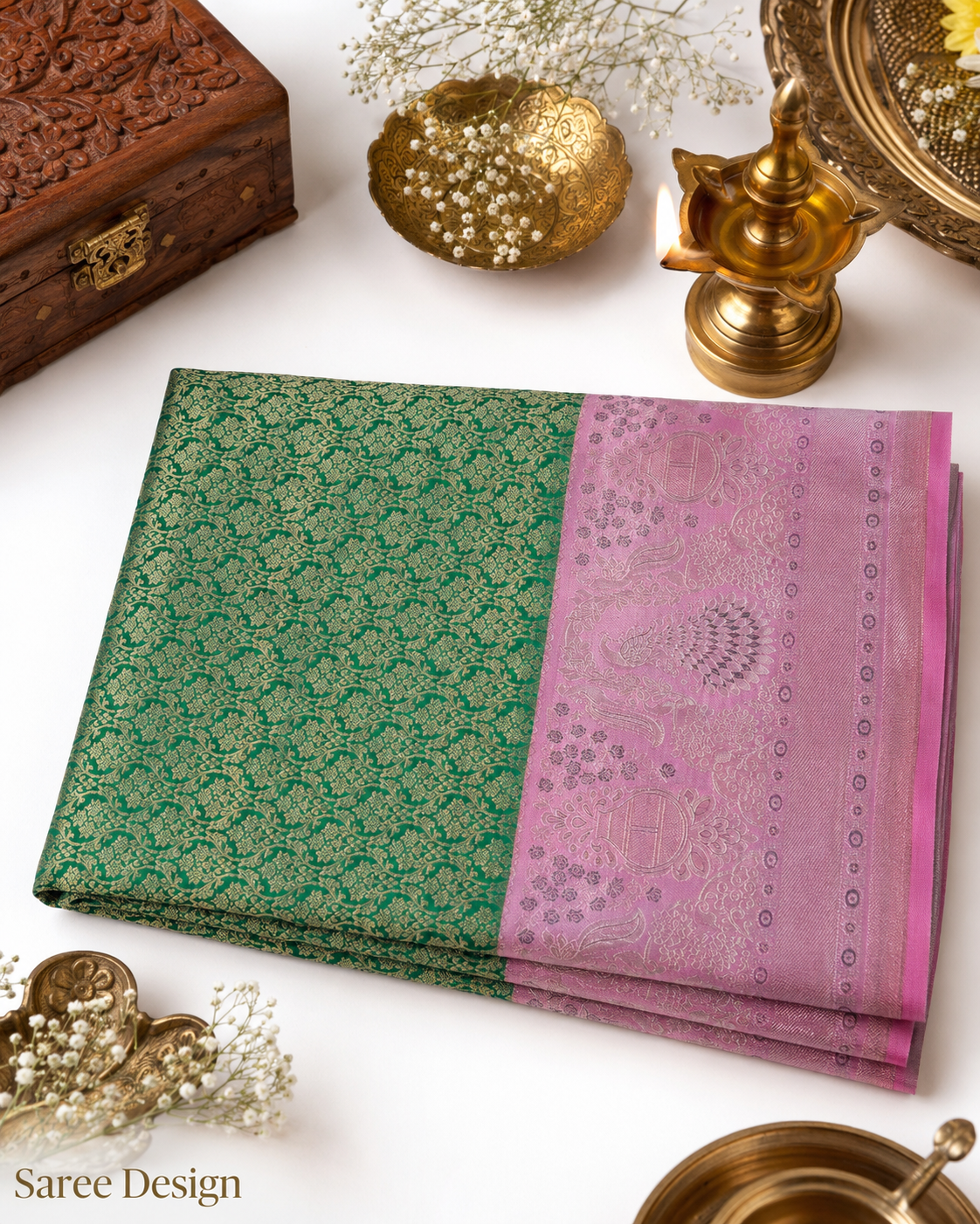 Bottle green Kanjivaram pure silk saree with gold zari — close-up detail 3 — Vasthara Boutique