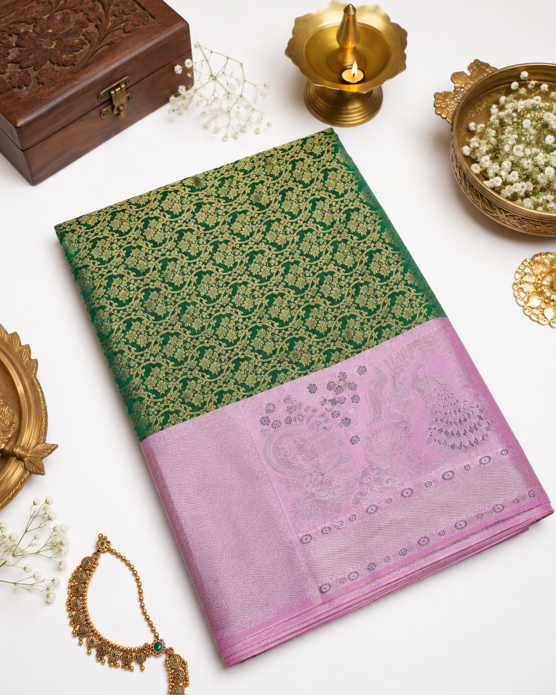Bottle green Kanjivaram pure silk saree with gold zari — close-up detail 4 — Vasthara Boutique