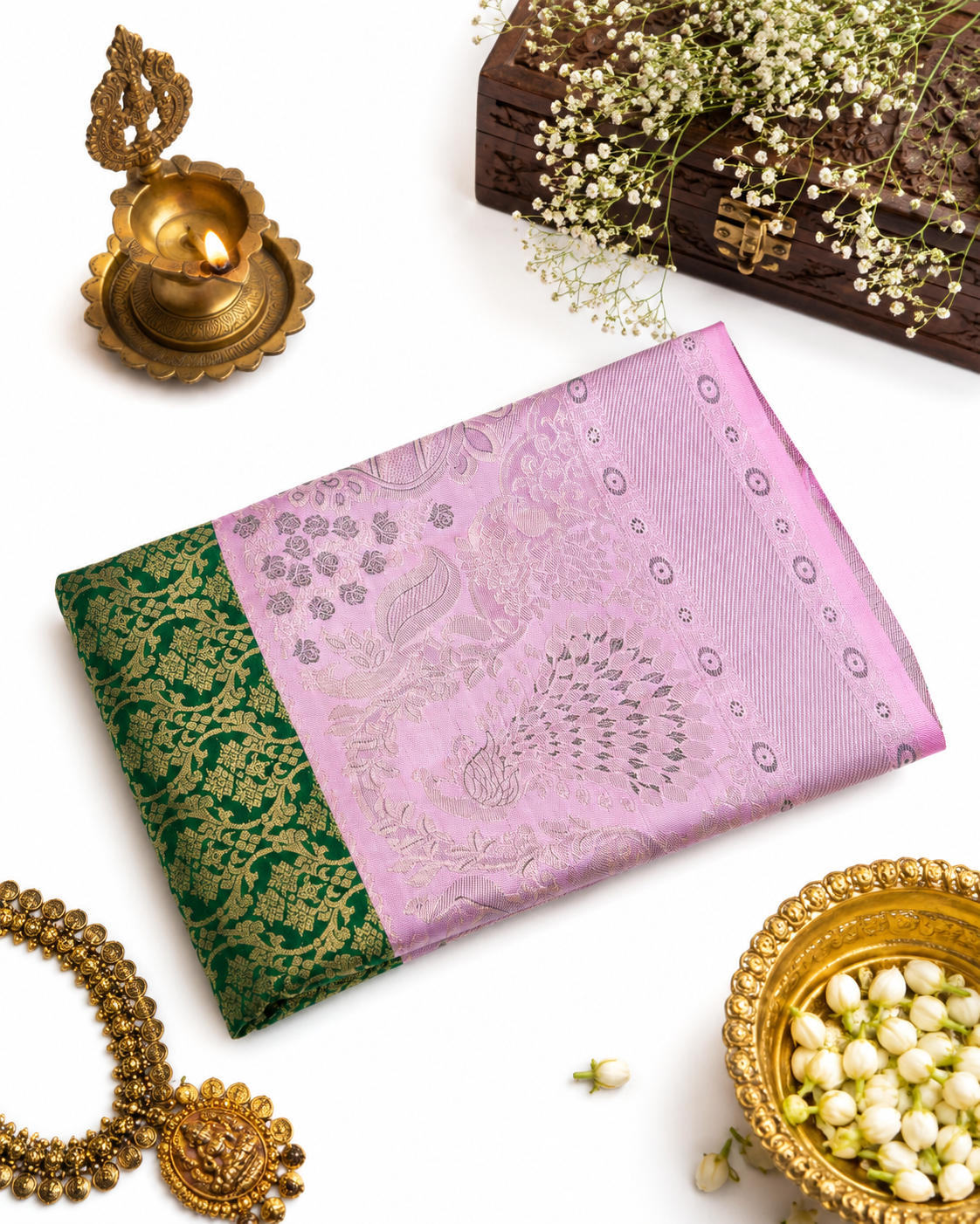Bottle green Kanjivaram pure silk saree with gold zari — close-up detail 5 — Vasthara Boutique