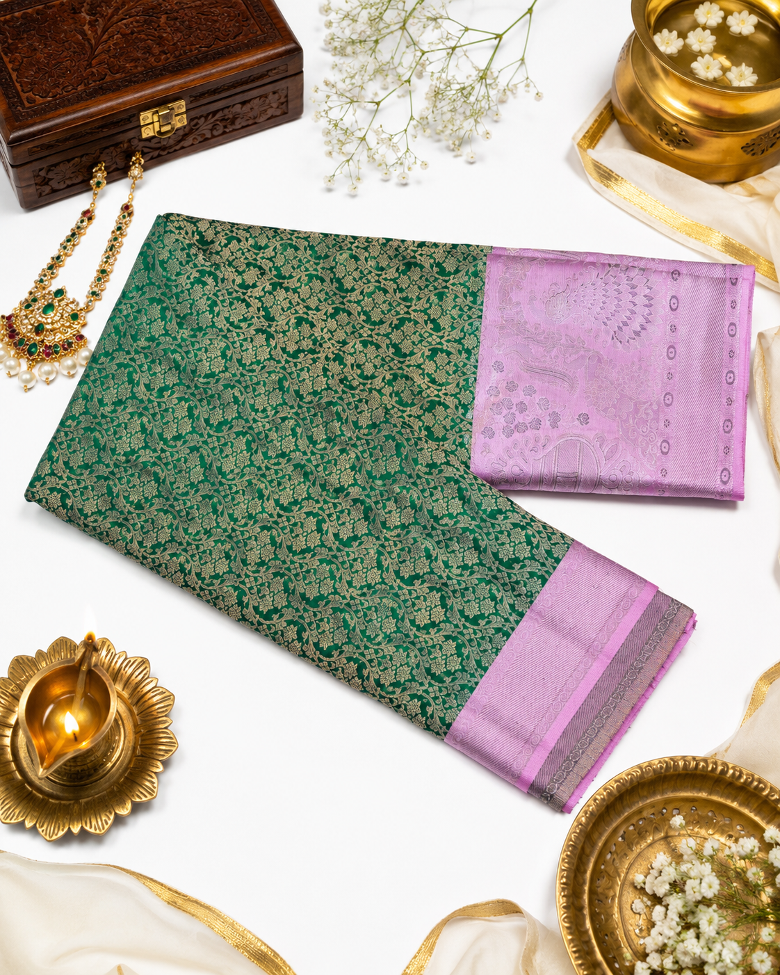 Bottle green Kanjivaram pure silk saree with gold zari — close-up detail 6 — Vasthara Boutique