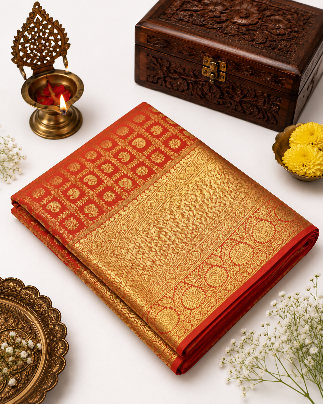 Decorative red saree with intricate patterns on a white background