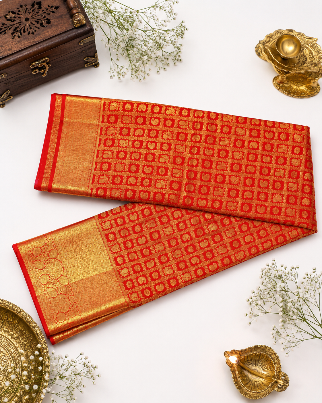 Red and gold saree with decorative elements on a white background