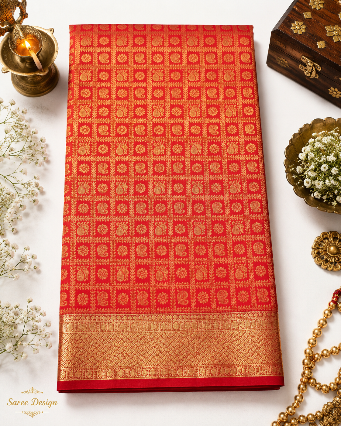 Red and gold saree with decorative items on a white background