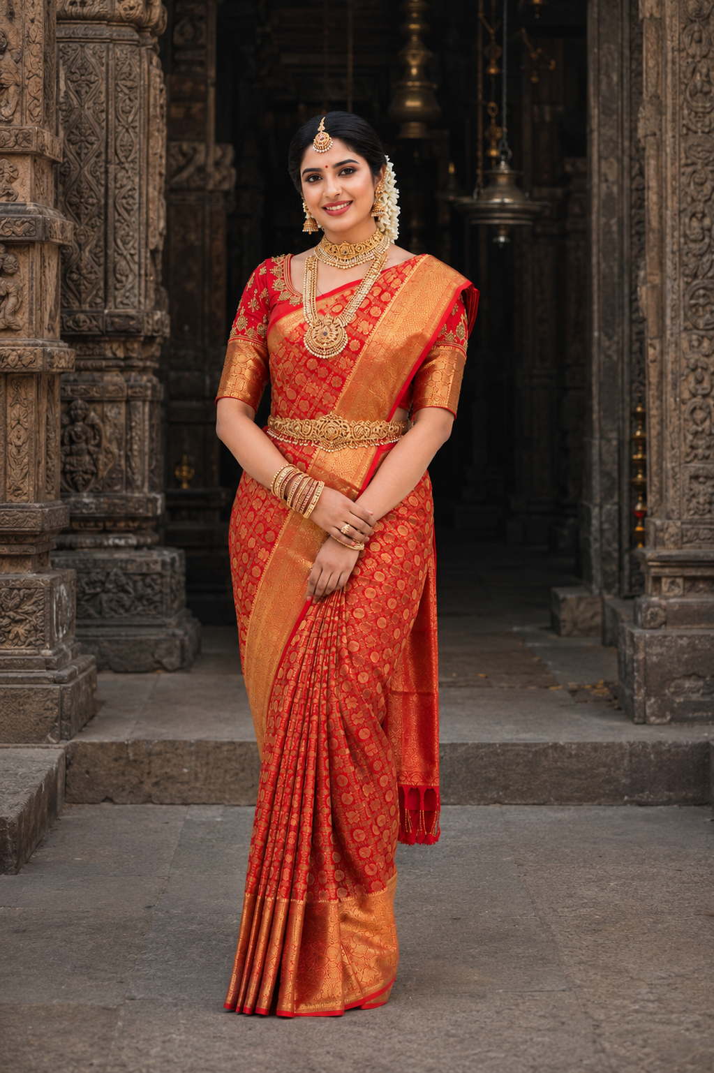 Woman in traditional red saree with jewelry standing in a temple setting