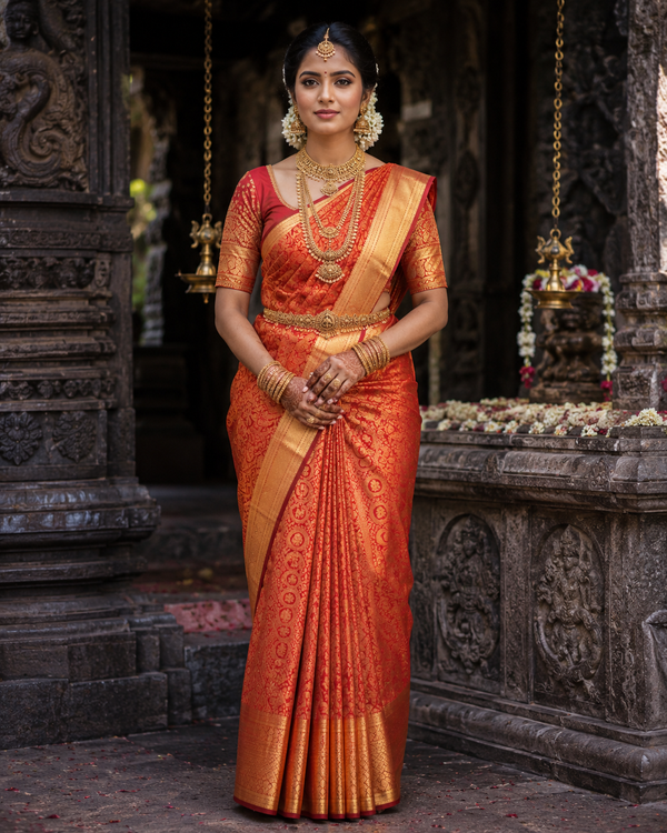 Classic red Kanjivaram silk saree with gold zari border, draped on model — Classic Red Kanjivaram Silk Saree, Vasthara Boutique